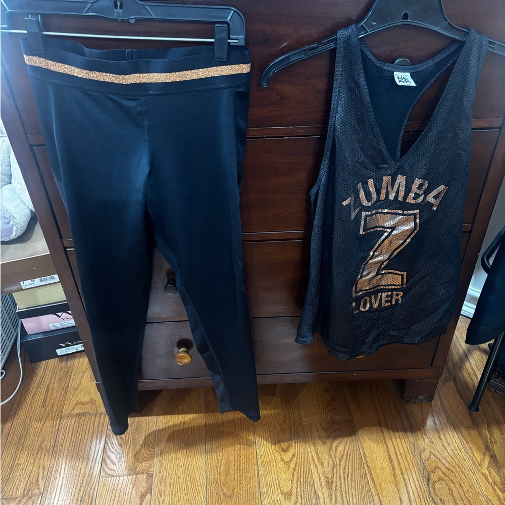 Zumba Fitness Black Tank and Leggings with Metallic Gold Accents